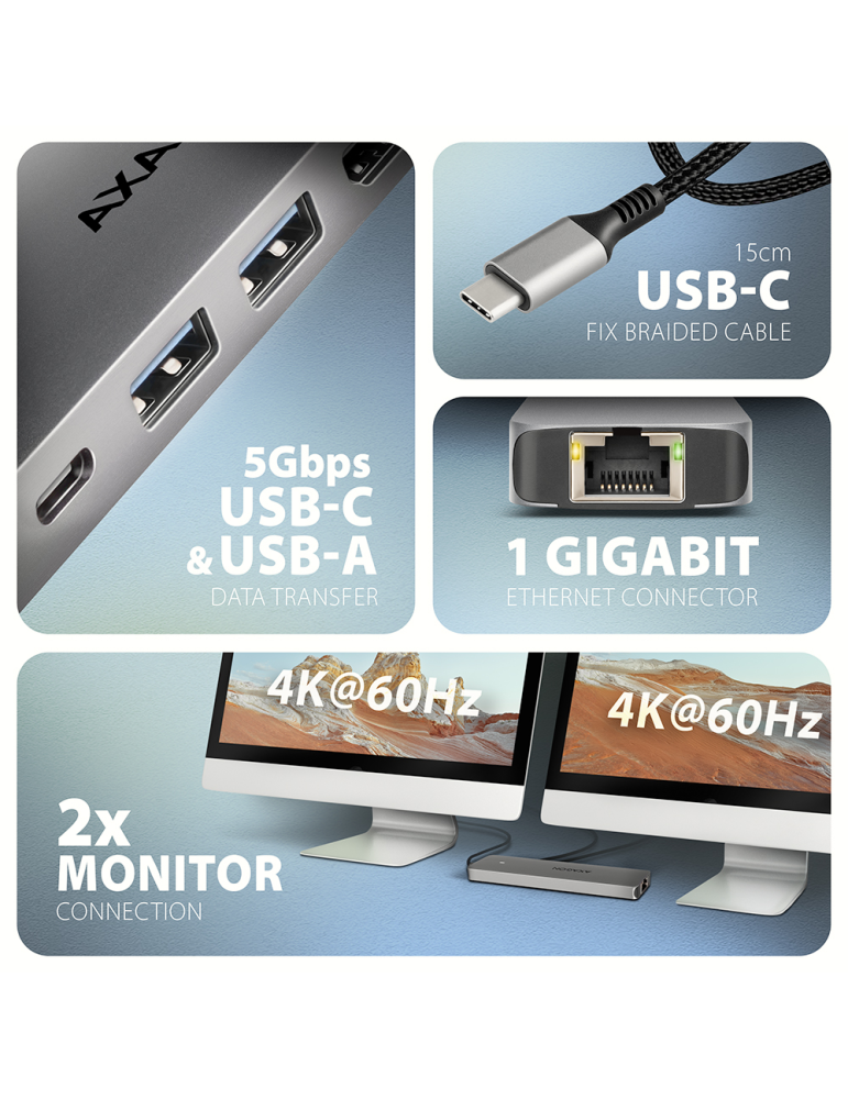 Докинг станция AXAGON HMC-7HX2, USB-C 3.2 Gen 1, 2x USB-A, 1x USB-C, 2x HDMI 4K 60Hz, Gigabit Ethernet, PD 100W - 4