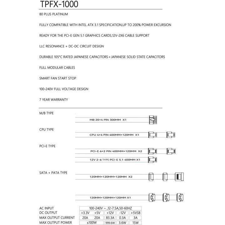 Модулно захранване Thermalright TPFX, 1000W SFX 3.1 80PLUS Platinum - TR-TPFX1000 - 6