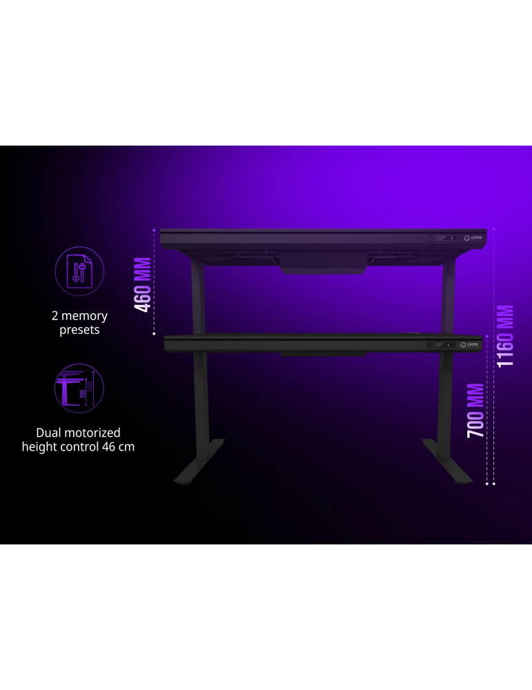 Геймърски бюро LORGAR Elite 90 LRG-DE90W, черно, с двигатели за регулиране на височина, вградено PC кутие, безжично зареждане и 