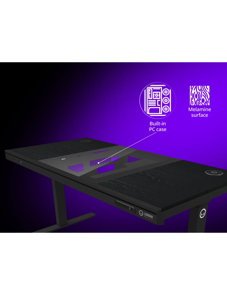 Геймърски бюро LORGAR Elite 90 LRG-DE90W, черно, с двигатели за регулиране на височина, вградено PC кутие, безжично зареждане и 