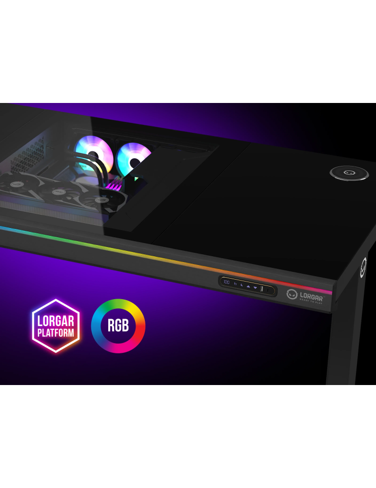 Геймърски бюро LORGAR Elite 90 LRG-DE90W, черно, с двигатели за регулиране на височина, вградено PC кутие, безжично зареждане и 