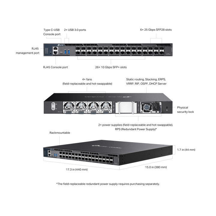 Управляван комутатор TP-Link Omada SX6632YF, 26 порта 10G, 6 слота 25G, L3, Rackmount - 2
