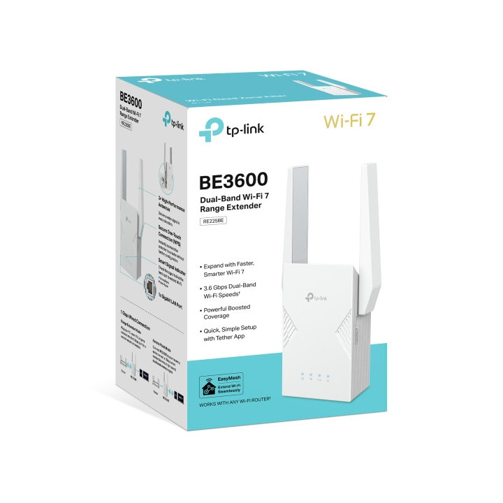 Wi-Fi удължител TP-Link RE225BE, BE3600 Dual-Band Wi-Fi 7, 2 външни антени - 7