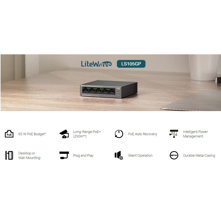 Мрежов комутатор TP-Link LS105GP, 5 портов гигабитов, 4x PoE+ - 5