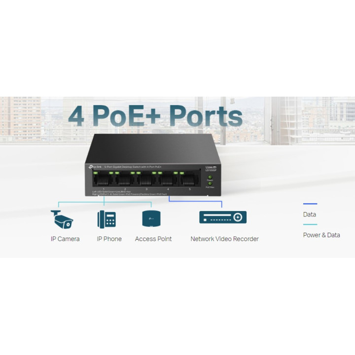 Мрежов комутатор TP-Link LS105GP, 5 портов гигабитов, 4x PoE+ - 6