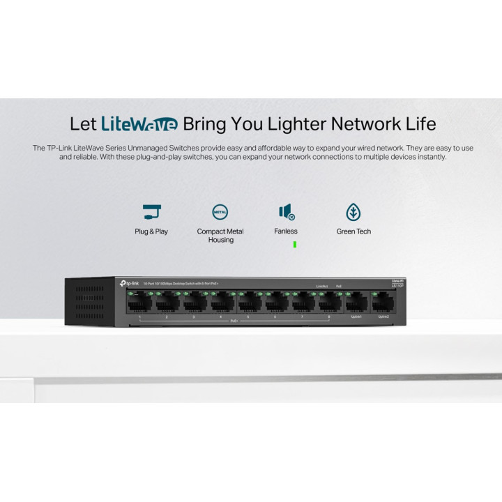 Мрежов комутатор TP-Link LS110P, 10 портов 10/100Mbps, 8x PoE+ порта - 3