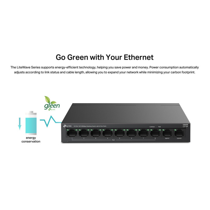 Мрежов комутатор TP-Link LS110P, 10 портов 10/100Mbps, 8x PoE+ порта - 10