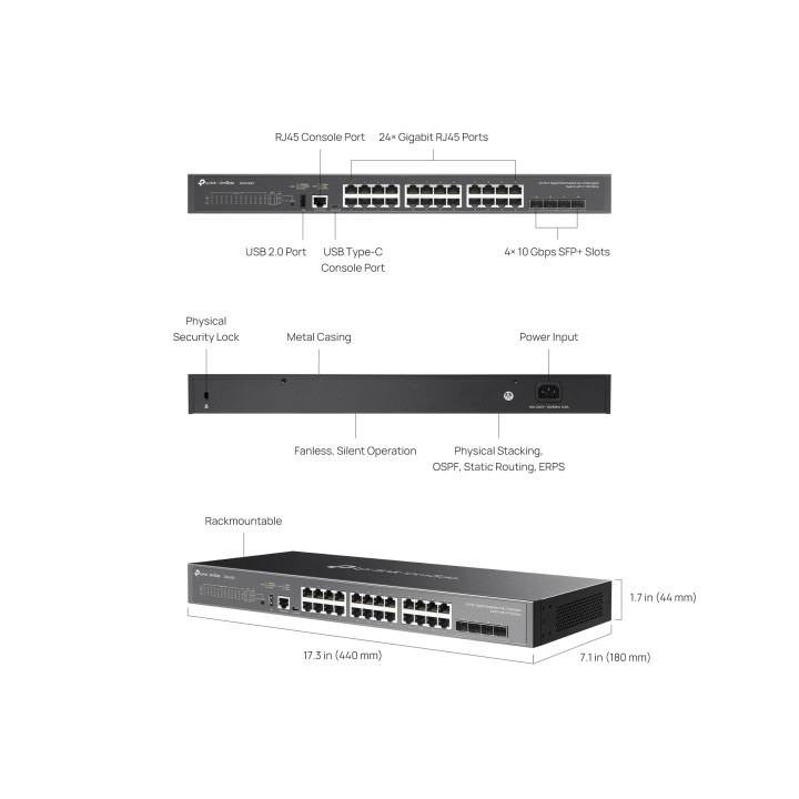 Мрежов комутатор TP-LINK Omada SG5428X, 24×1Gbps RJ45 + 4×10G SFP+, L3 управляем, 128Gbps - 2