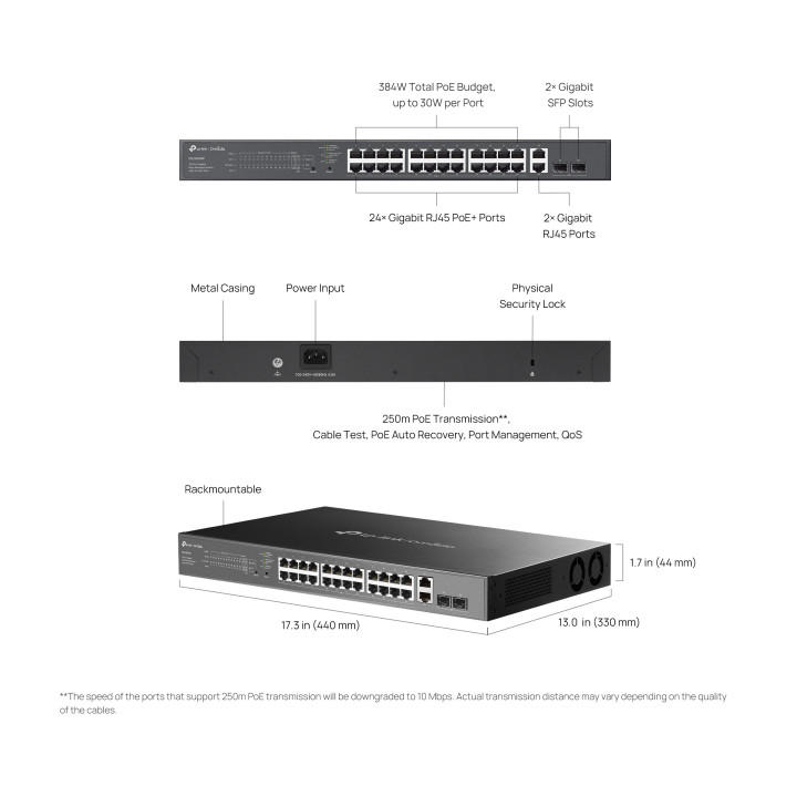 Мрежов комутатор TP-LINK Omada ES228GMP, 28 порта, 24× PoE+, Gigabit Ethernet - 2