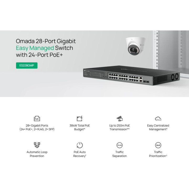 Мрежов комутатор TP-LINK Omada ES228GMP, 28 порта, 24× PoE+, Gigabit Ethernet - 4