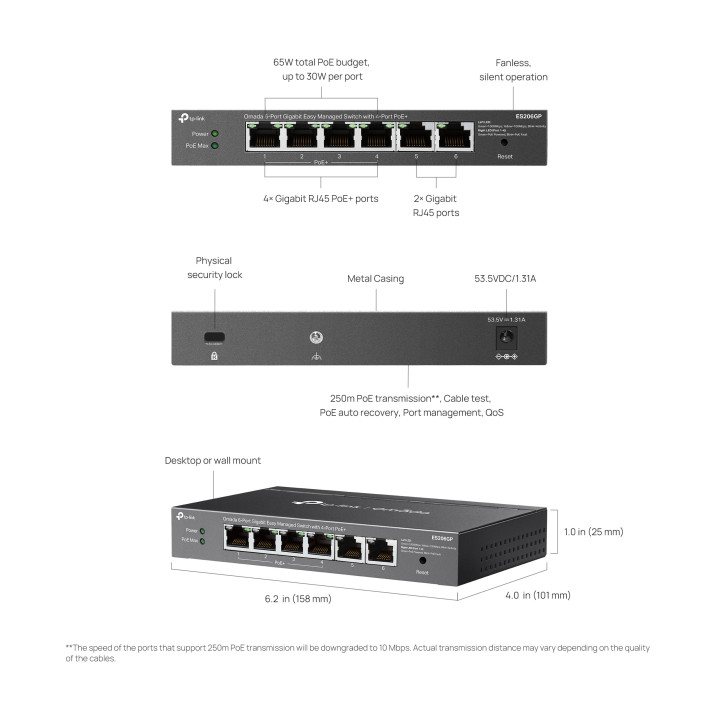 Мрежов комутатор TP-Link Omada ES206GP, 6 портa Gigabit, 4x PoE+ - 2