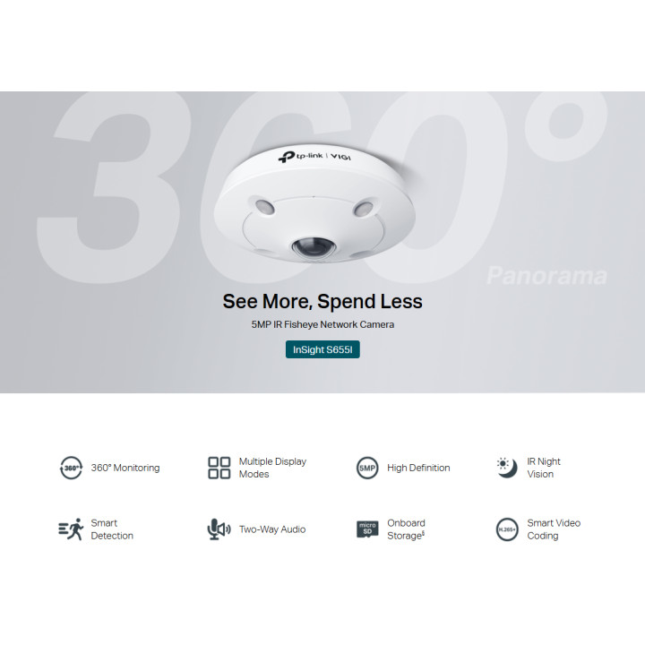 Мрежова камера TP-Link VIGI InSight S655I, 5MP Fisheye и fisheye обектив за 360° покритие без мъртви зони, IR Night Vision, Micr