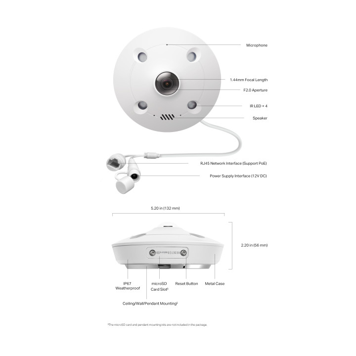 Мрежова камера TP-Link VIGI InSight S655I, 5MP Fisheye и fisheye обектив за 360° покритие без мъртви зони, IR Night Vision, Micr