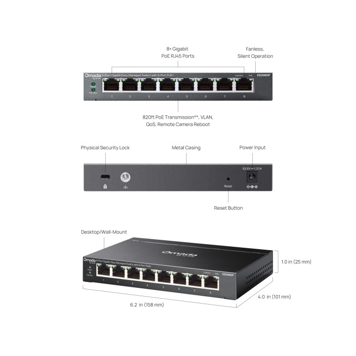 Мрежов комутатор TP-Link Omada ES208GP, 8× Gigabit PoE+ портa, Easy Managed - 2