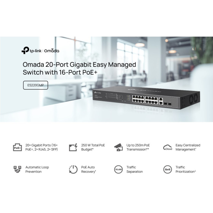 Мрежов комутатор TP-Link Omada ES220GMP, 20 порта Gigabit, 16 PoE+, управляем - 4