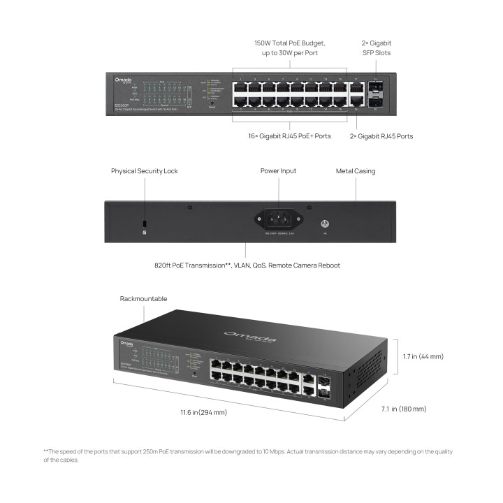 Мрежов комутатор TP-Link Omada ES220GP, 20 портов, 16 PoE+, гигабитов, управляем - 2