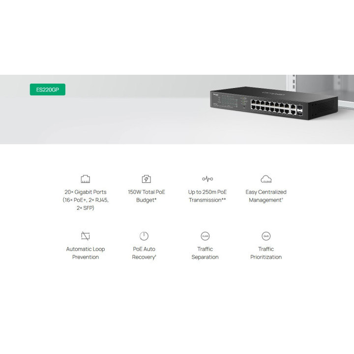 Мрежов комутатор TP-Link Omada ES220GP, 20 портов, 16 PoE+, гигабитов, управляем - 4