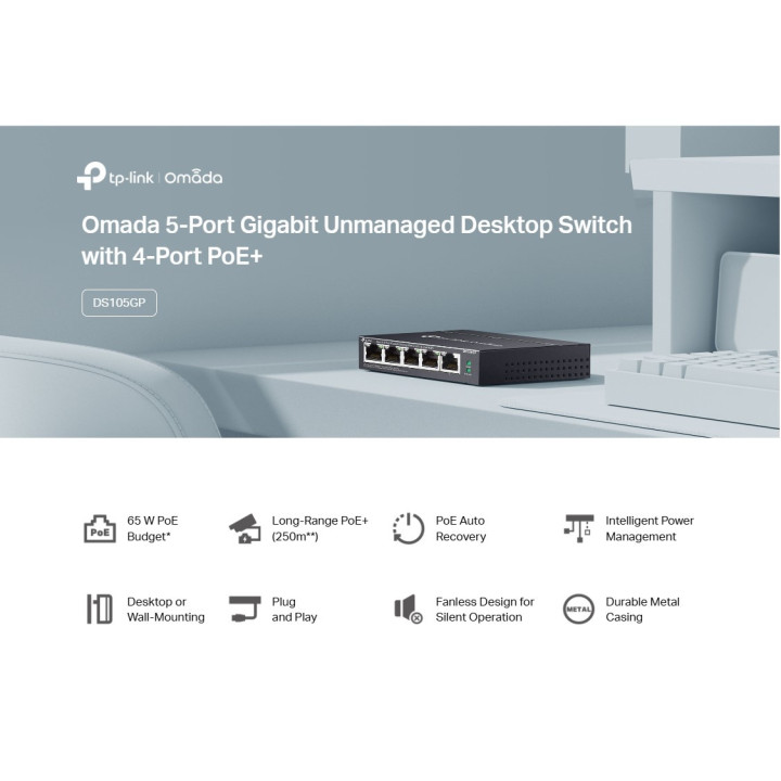 Мрежов комутатор TP-Link DS105GP, 5 портa 1000 Mbps с PoE+ - DS105GP - 2