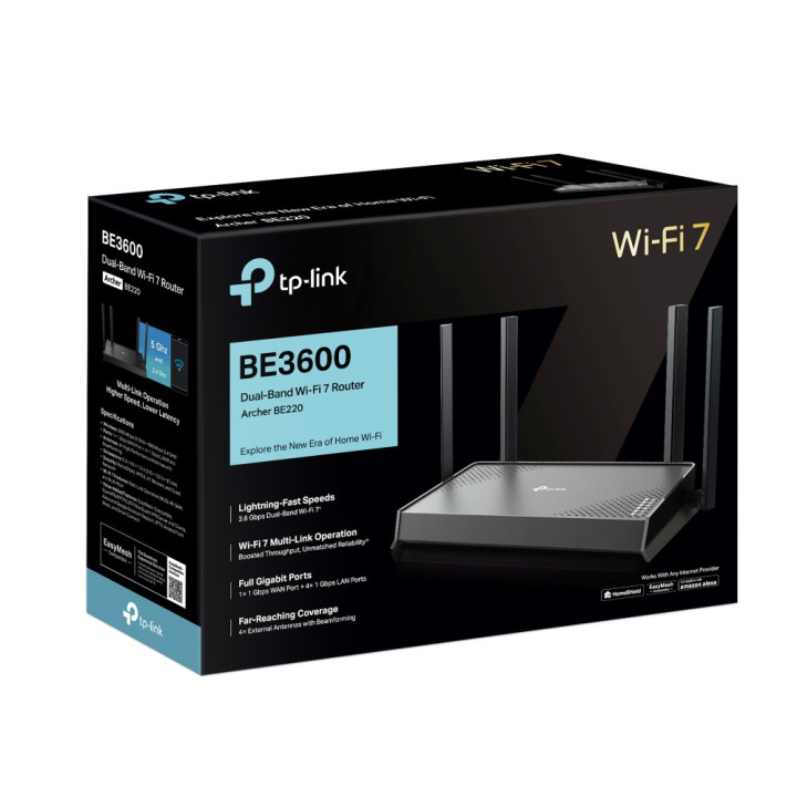 Wi-Fi 7 рутер TP-LINK Archer BE220, BE3600, 2.4 GHz 688 Mbps, 4x 1Gbps LAN, Desktop - 8
