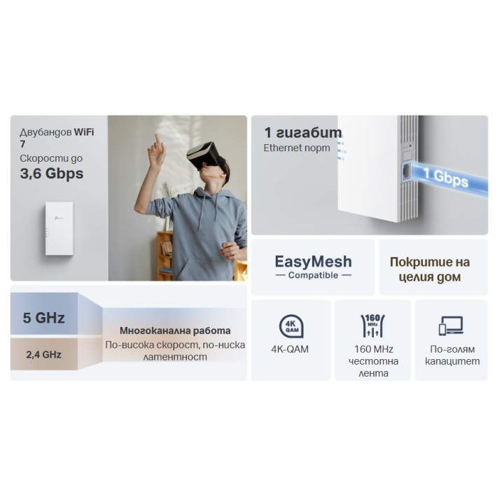 WiFi удължител TP-Link RE220BE, двубандов BE3600 WiFi 7 - 5