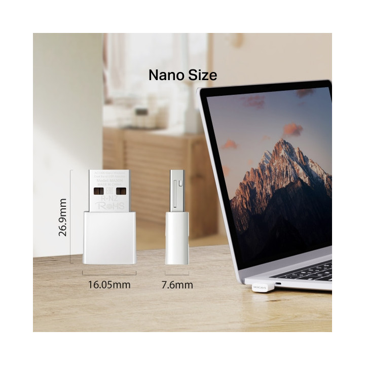 Безжичен адаптер Mercusys MA30N, AC1300 2-лентов, USB 2.0 - 2