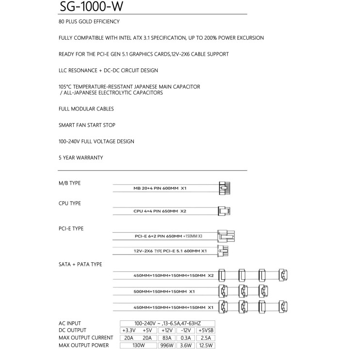 Модулно захранване Thermalright SG1000, 1000W ATX 3.1 80PLUS GOLD Full Modular - TR-SG1000-W - 7