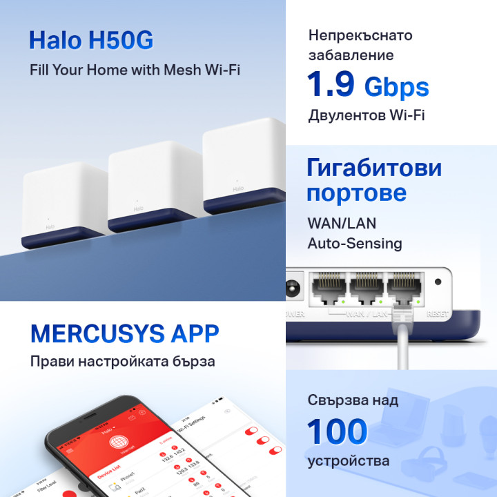 Безжична Wi-Fi Mesh система Mercusys Halo H50G (3-pack), AC1900, 2.4GHz/5GHz, 3× Gigabit LAN порта - 2