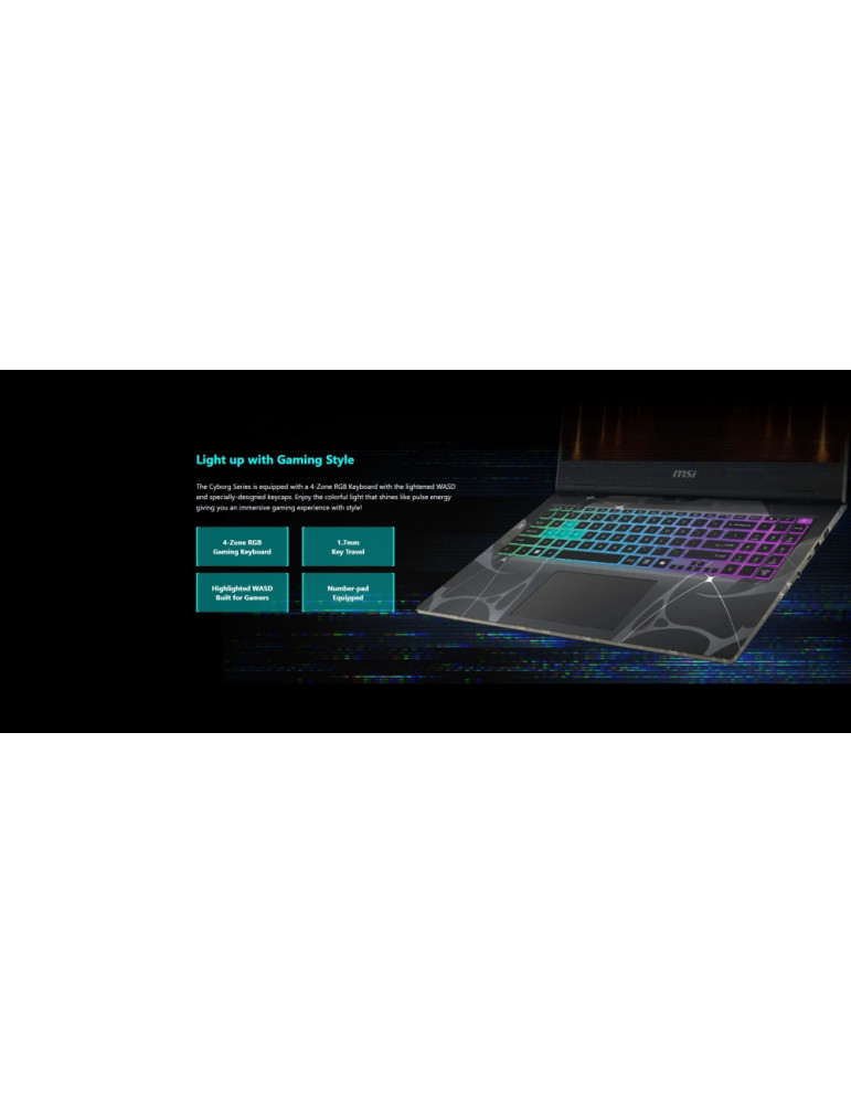 Лаптоп MSI Cyborg 15 B13WEKG, 15.6" FHD 144Hz IPS, Intel Core i5-13420H, GeForce RTX 5050 8GB, 16GB DDR5 5200MHz, 512GB SSD, No 