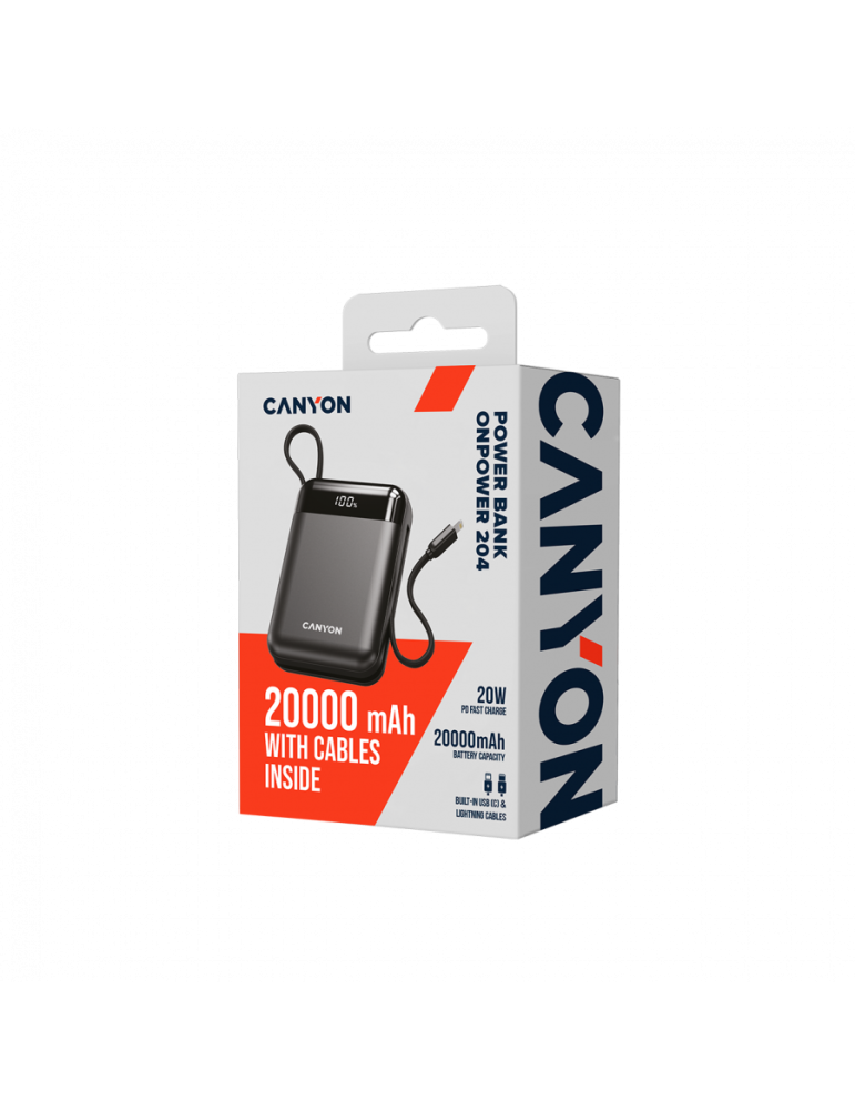 Външна батерия CANYON OnPower 204, 20000mAh, 22.5W бързо зареждане, вградени USB-C/Lightning кабели - CNS-CPB204B - 5