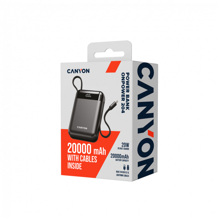 Външна батерия CANYON OnPower 204, 20000mAh, 22.5W бързо зареждане, вградени USB-C/Lightning кабели - CNS-CPB204B - 5