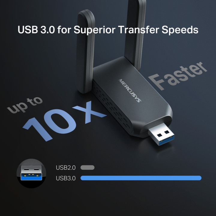Wi-Fi адаптер Mercusys MA37BEH, USB 3.0, BE6500, 2 външни антени с висок коефициент на усилване - 7
