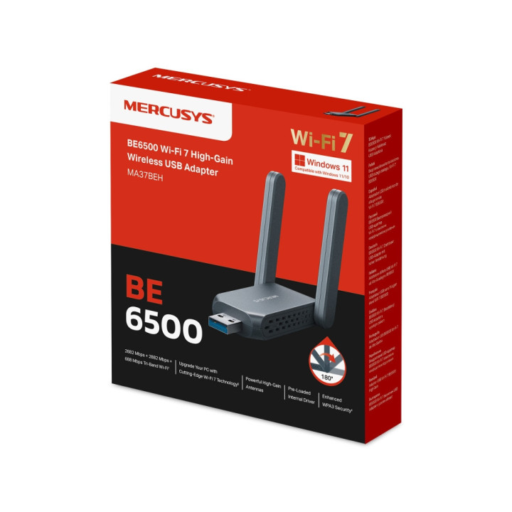 Wi-Fi адаптер Mercusys MA37BEH, USB 3.0, BE6500, 2 външни антени с висок коефициент на усилване - 10