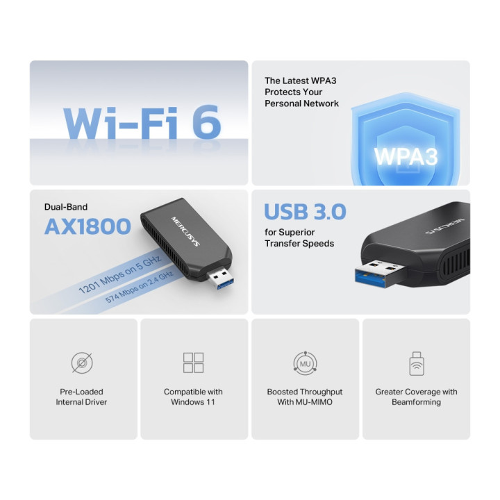 Безжичен USB адаптер Mercusys MA70XM, Wi-Fi 6 AX1800 - 3