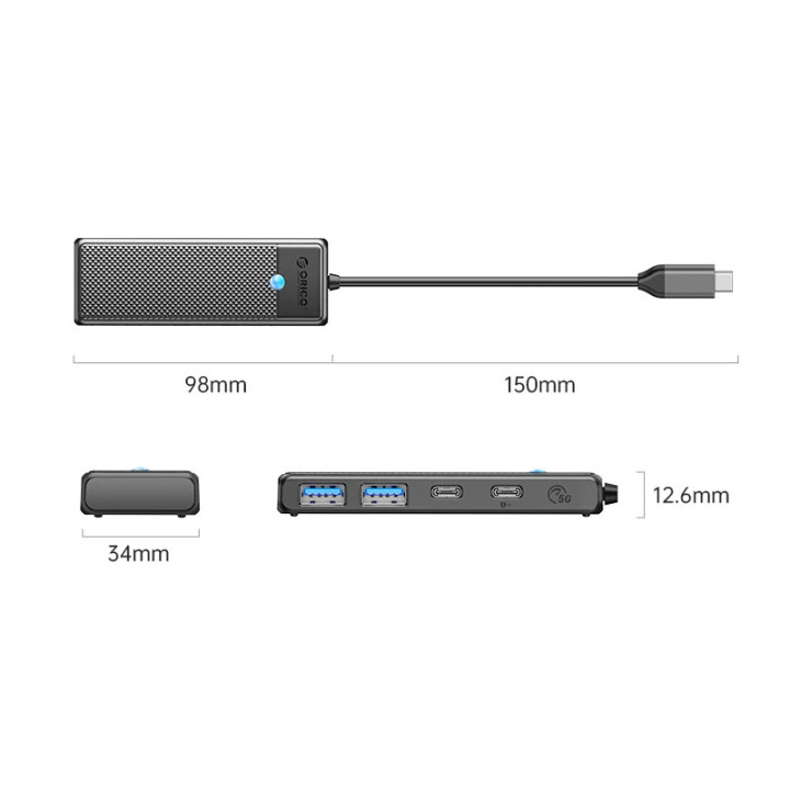 USB хъб Orico PAPW2AC-C3-05-BK, 2x USB 3.0 + 2x USB-C 3.1 - PAPW2AC-C3-05-BK-EP - 2