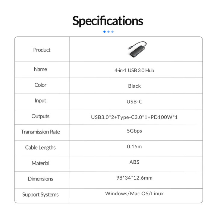 USB хъб Orico PAPW2AC-C3-05-BK, 2x USB 3.0 + 2x USB-C 3.1 - PAPW2AC-C3-05-BK-EP - 15