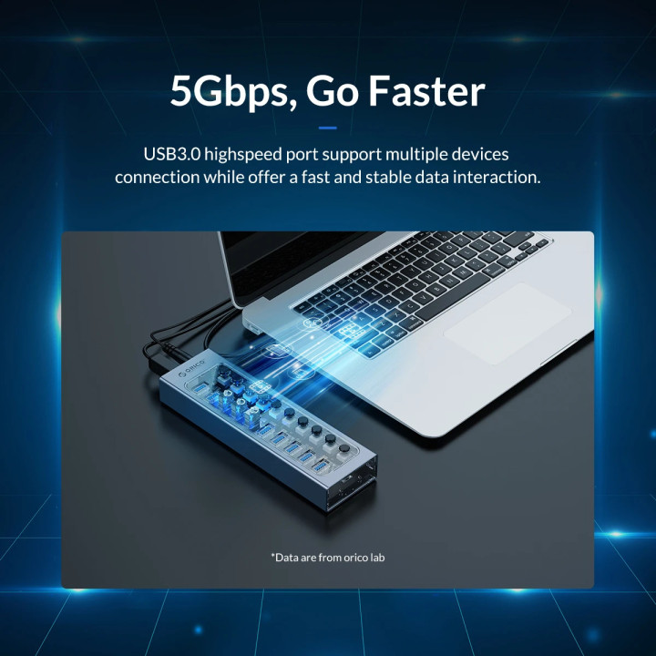 USB хъб Orico AT2U3-7AB, USB 3.0 7 порта, алуминиева конструкция - AT2U3-7AB-EU-GY-BP - 3