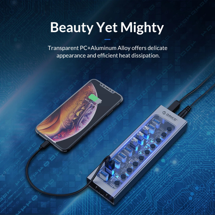 USB хъб Orico AT2U3-7AB, USB 3.0 7 порта, алуминиева конструкция - AT2U3-7AB-EU-GY-BP - 7