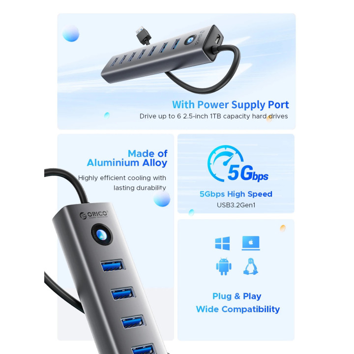 USB хъб Orico, 7x USB 3.0, 5Gbps, Aluminium Alloy - CL7U-U3-10-GY-BP - 7