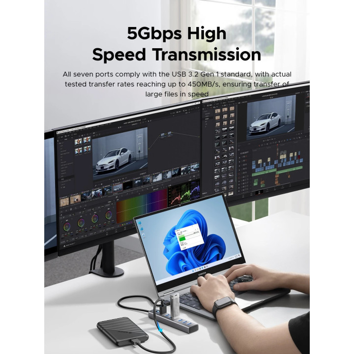 USB хъб Orico, 7x USB 3.0, 5Gbps, Aluminium Alloy - CL7U-U3-10-GY-BP - 8