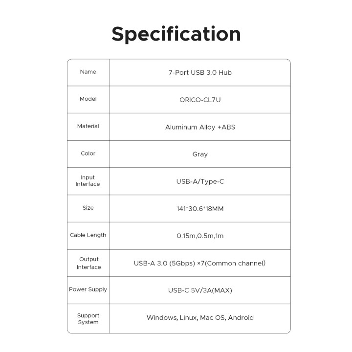 USB хъб Orico, 7x USB 3.0, 5Gbps, Aluminium Alloy - CL7U-U3-10-GY-BP - 10
