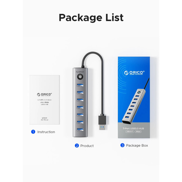 USB хъб Orico, 7x USB 3.0, 5Gbps, Aluminium Alloy - CL7U-U3-10-GY-BP - 11