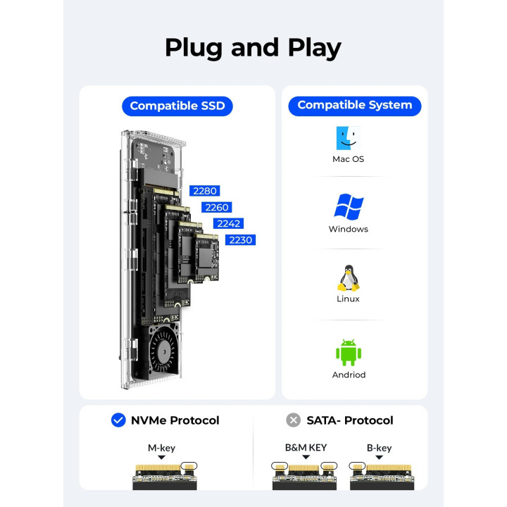 Външна кутия за M.2 диск Orico TCM2-U4, USB-C 40Gbps, до 4TB, интегрирано охлаждане - TCM2-U4-BK-BP - 7