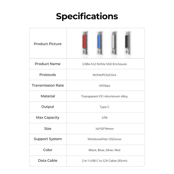 Външна кутия за M.2 диск Orico TCM2-U4, USB-C 40Gbps, до 4TB, интегрирано охлаждане - TCM2-U4-BK-BP - 13