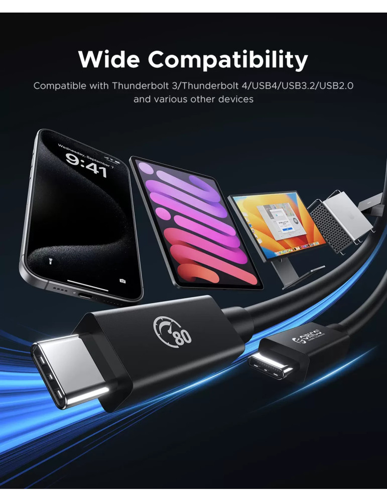 Кабел Orico Thunderbolt 5, USB-C към USB-C, 80Gbps, 240W PD, 1m, Черен - TBZ5-10-BK-BP - 4