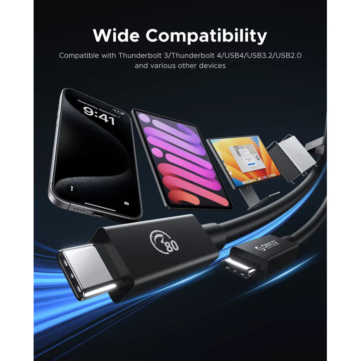 Кабел Orico Thunderbolt 5, USB-C към USB-C, 80Gbps, 240W PD, 1m, Черен - TBZ5-10-BK-BP - 4