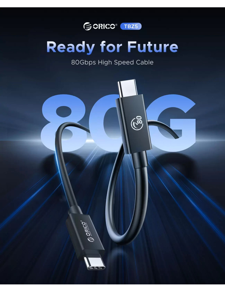 Кабел Orico Thunderbolt 5, USB-C към USB-C, 80Gbps, 240W PD, 1m, Черен - TBZ5-10-BK-BP - 5