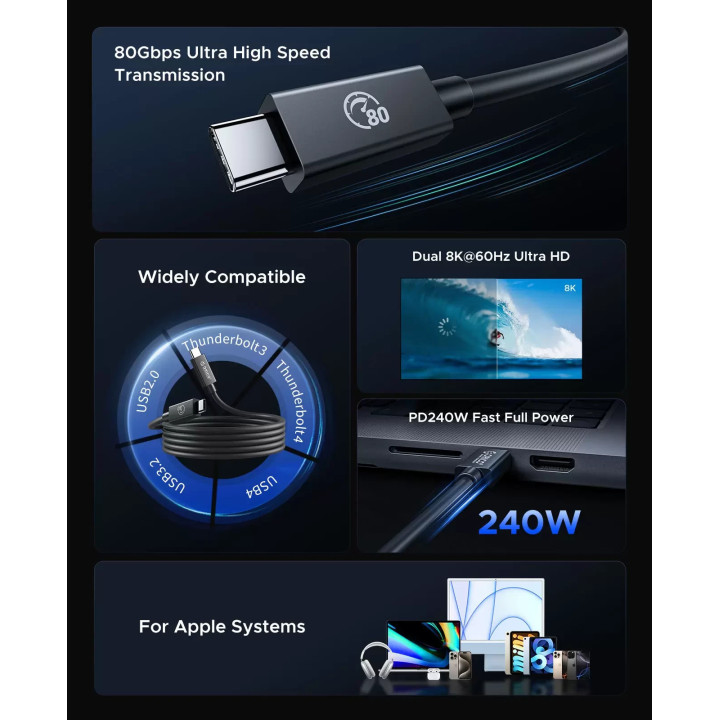 Кабел Orico Thunderbolt 5, USB-C към USB-C, 80Gbps, 240W PD, 1m, Черен - TBZ5-10-BK-BP - 9