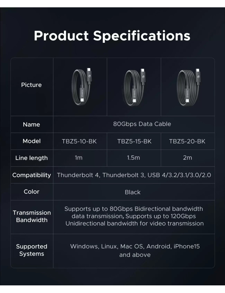 Кабел Orico Thunderbolt 5, USB-C към USB-C, 80Gbps, 240W PD, 1m, Черен - TBZ5-10-BK-BP - 13
