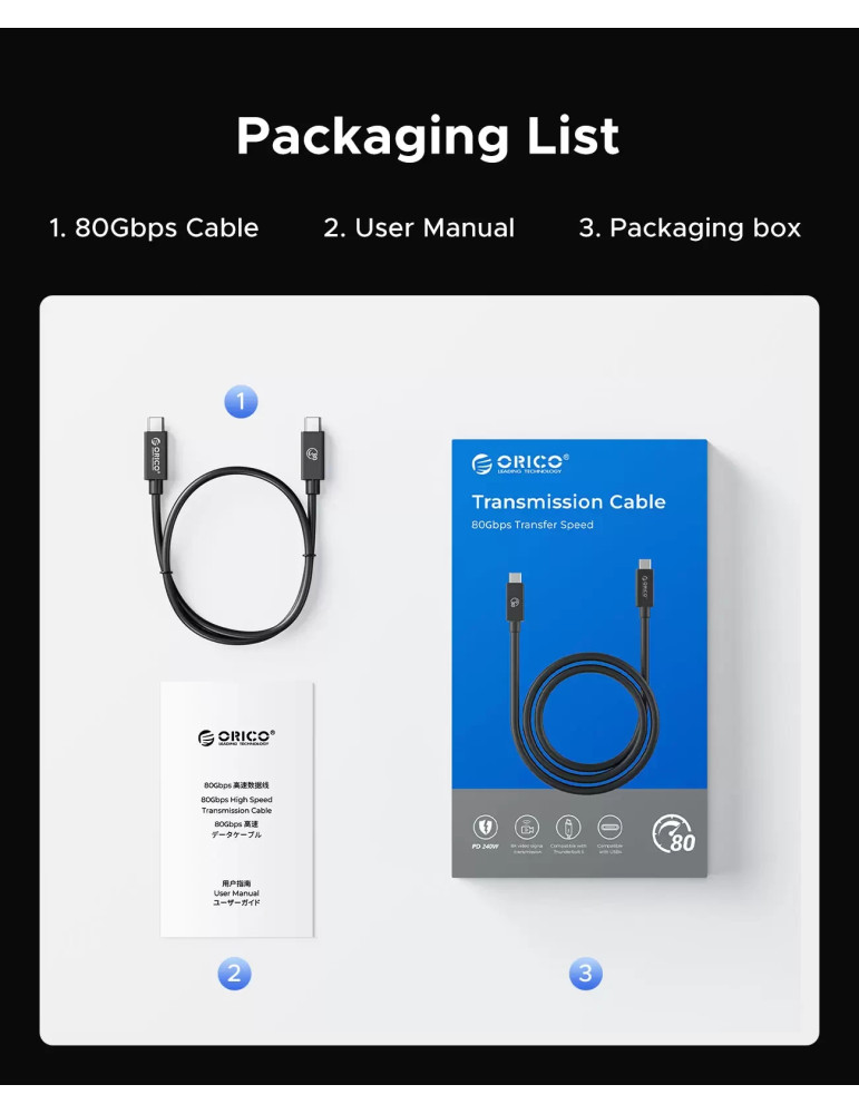 Кабел Orico Thunderbolt 5, USB-C към USB-C, 80Gbps, 240W PD, 1m, Черен - TBZ5-10-BK-BP - 14