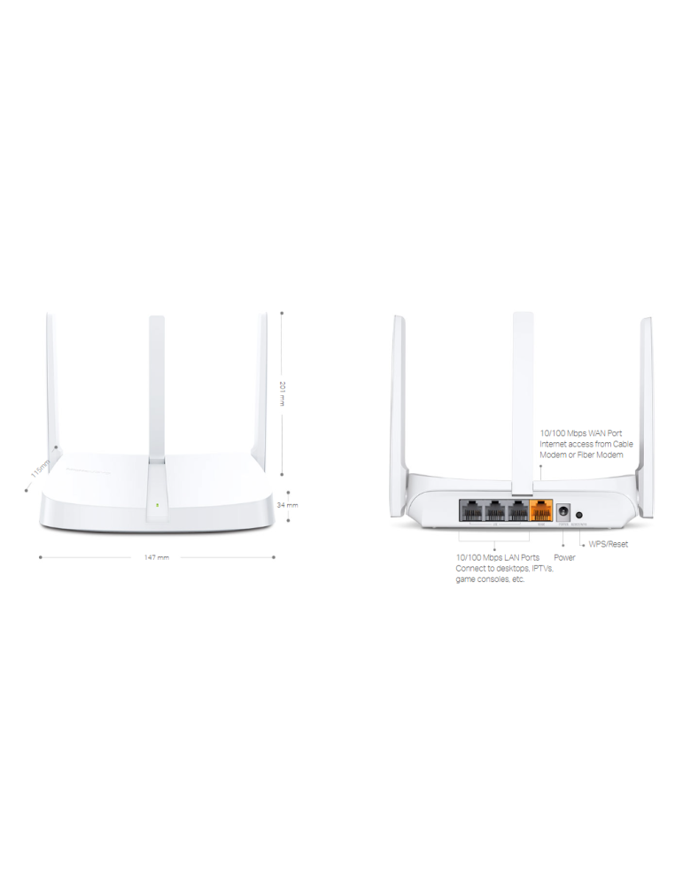 Безжичен рутер Mercusys MW306R, N 300 Mbps, 2.4GHz, 3 външни антени - 6